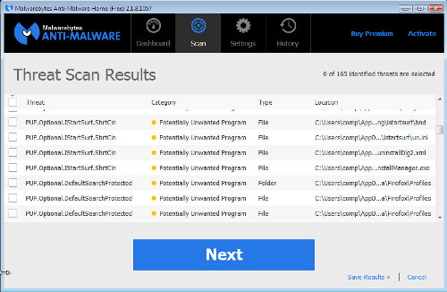 Malwarebytes scan results