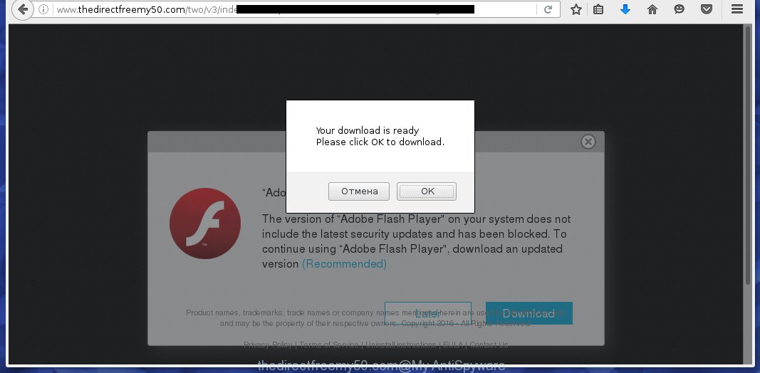 http://www.thedirectfreemy50.com/two/v3/index.html - offers to install a fake adobe flash player update