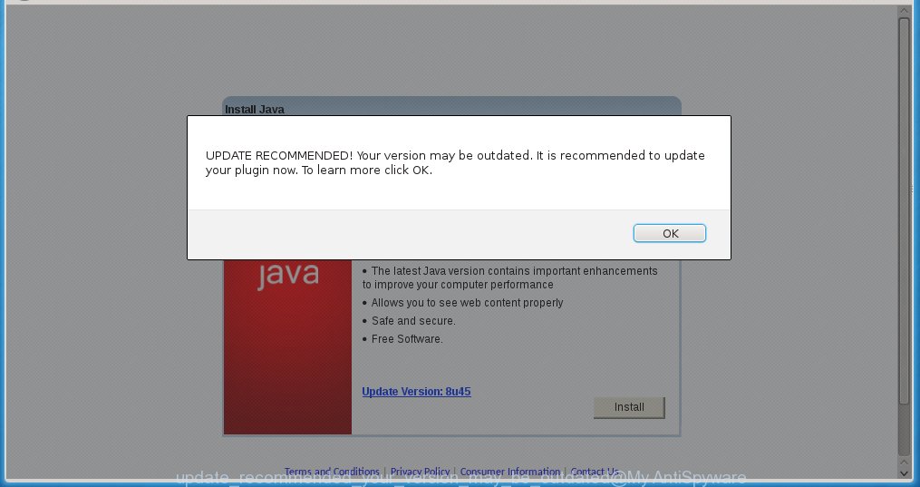 The "UPDATE RECOMMENDED! Your version may be outdated" pop-up offers to update Java