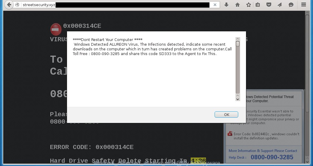 The "Windows Detected ALUREON Virus" fake alert offers to call the 0800-090-3285 