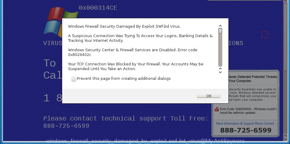 fake "Windows Firewall Security Damaged By Exploit.SWF.bd Virus" alert