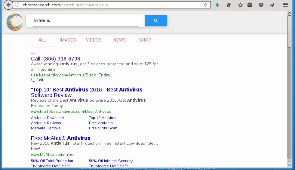 "Chromosearch" search results displays a large number of advertising links