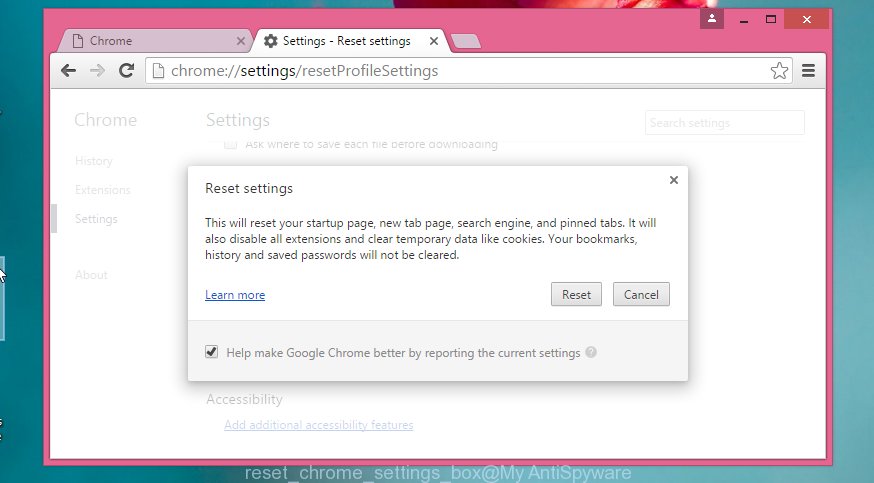 reset Google Chrome settings box