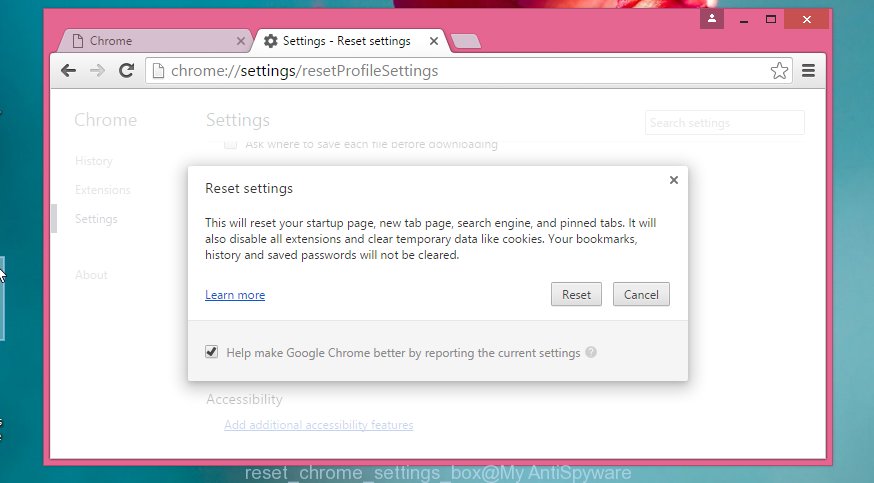 reset google chrome settings box