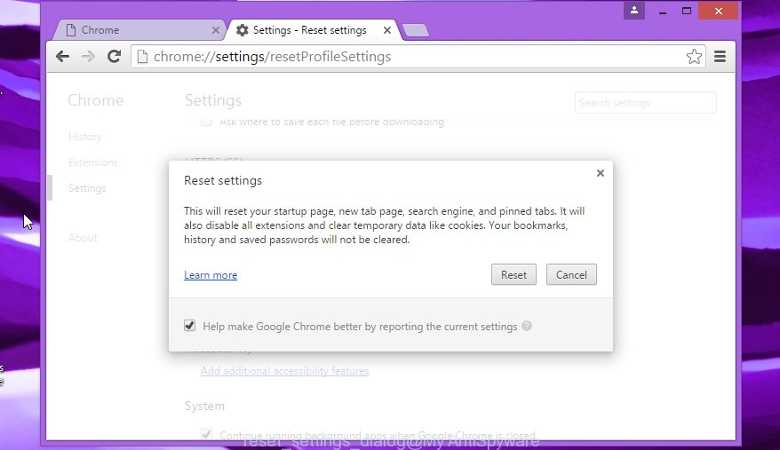 Chrome reset settings dialog