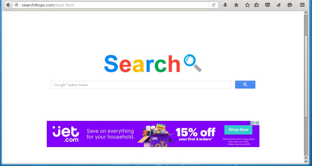 The browser opens http://search4tops.com/start.html instead of homepage