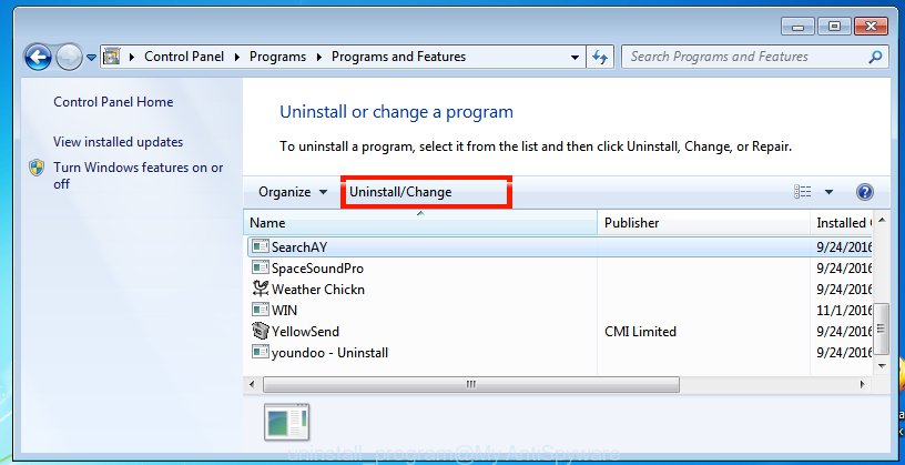 Uninstall a application in Windows 7