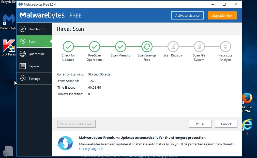 MalwareBytes Free MS Windows10 find browser hijacker infection which cause BLeengo Search web-page to appear
