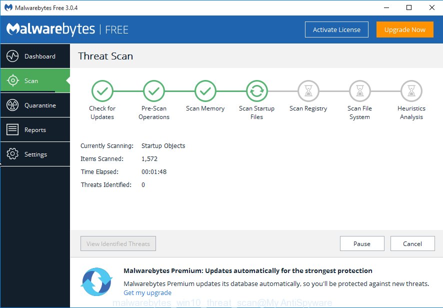 MalwareBytes Microsoft Windows10 scan for ad-supported software which causes annoying Al.channel8.pw ads