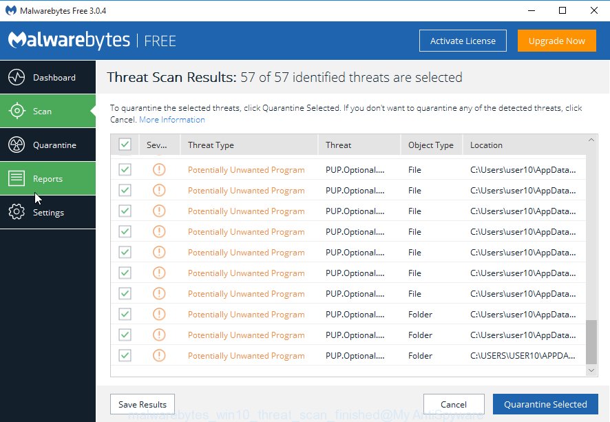 MalwareBytes Anti-Malware (MBAM) Microsoft Windows10 threat scan finished