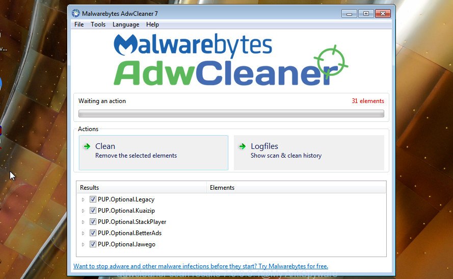 AdwCleaner for MS Windows look for browser hijacker is done
