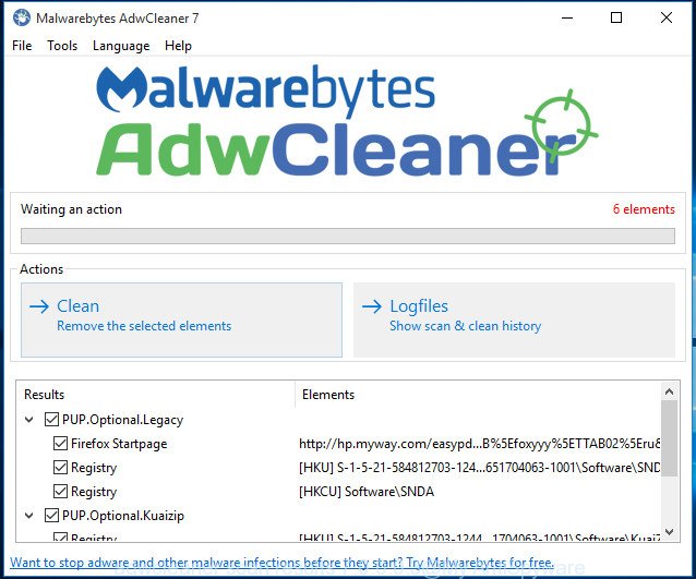 AdwCleaner for MS Windows scan for adware is finished