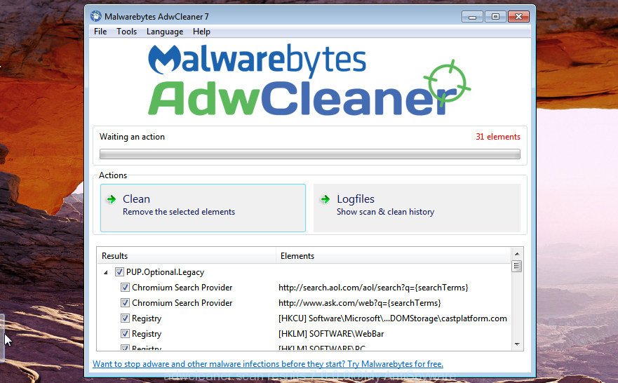 AdwCleaner for MS Windows search for 'ad supported' software is done