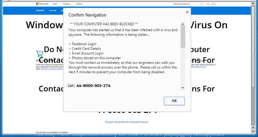 You May Have Suspicious Activity On Your PC scam popup