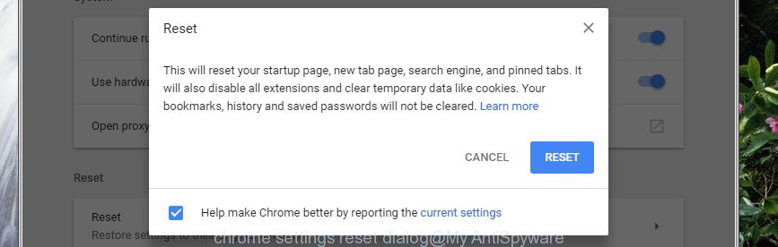 Google Chrome settings reset dialog