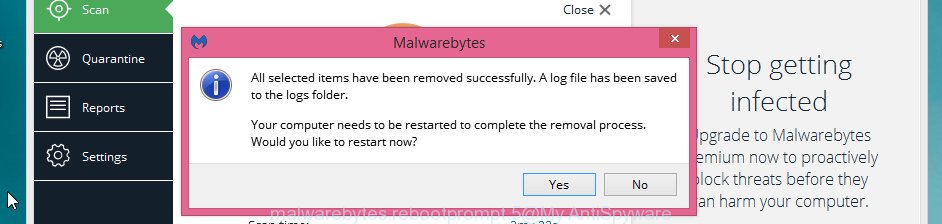 MalwareBytes Anti Malware (MBAM) for Windows restart dialog box