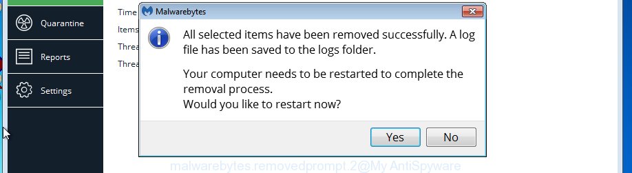 MalwareBytes for Windows restart dialog box