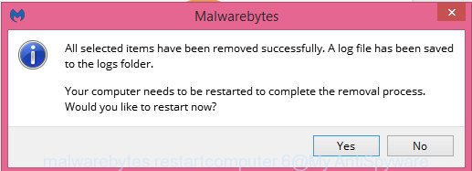 MalwareBytes Free for Microsoft Windows restart dialog box