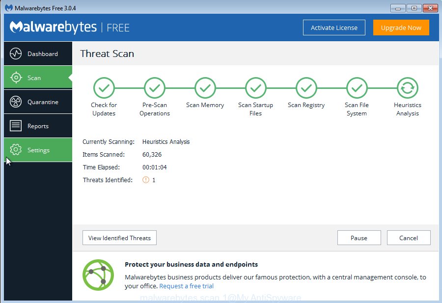 MalwareBytes Free for MS Windows detect adware responsible for redirections to the Ratenwilbet.info