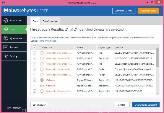 MalwareBytes Free for MS Windows, scan for adware is finished
