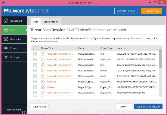 MalwareBytes for Windows, scan for adware is complete