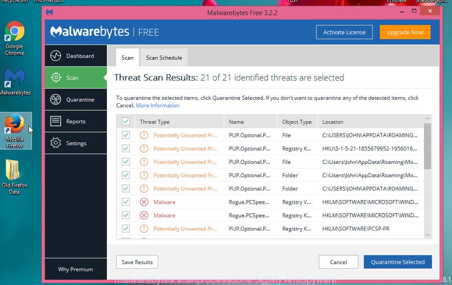 MalwareBytes Free for Microsoft Windows, scan for hijacker infection is finished