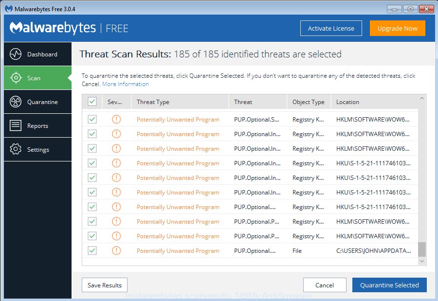 MalwareBytes for Windows, scan for adware is finished