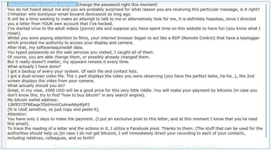This account was recently infected email scam