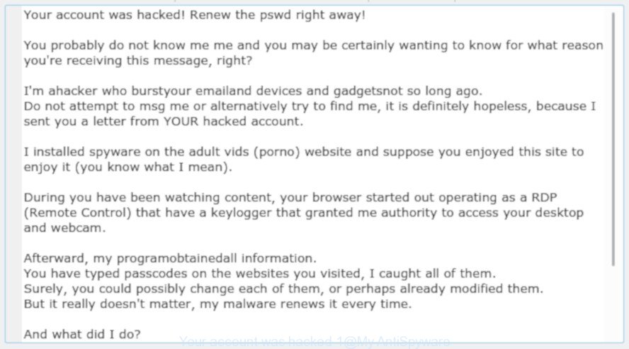 Another variant of 'Your account was hacked' scam