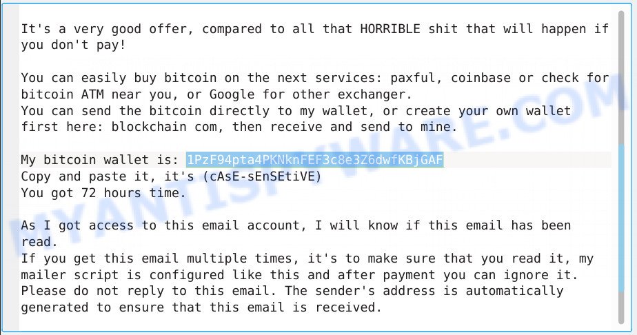 1PzF94pta4PKNknFEF3c8e3Z6dwfKBjGAF Bitcoin Email Scam