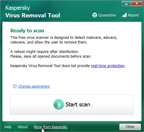 Kaspersky virus removal tool main window