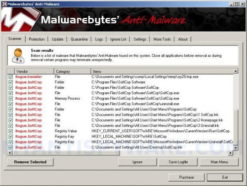 Malwarebytes Anti-malware, list of infected items