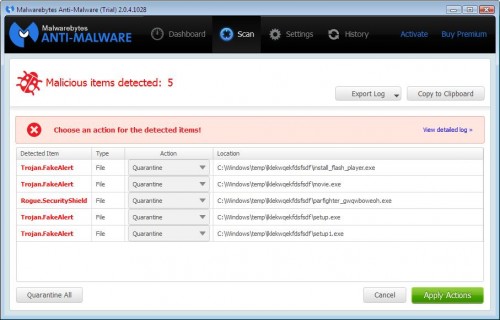 Malwarebytes Anti-Malware scan results