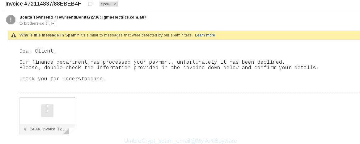 UmbreCrypt spam email