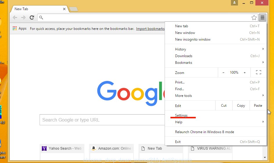 Google Chrome drop-down menu