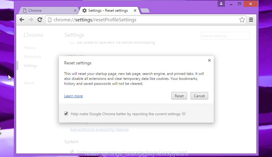 Chrome reset settings dialog
