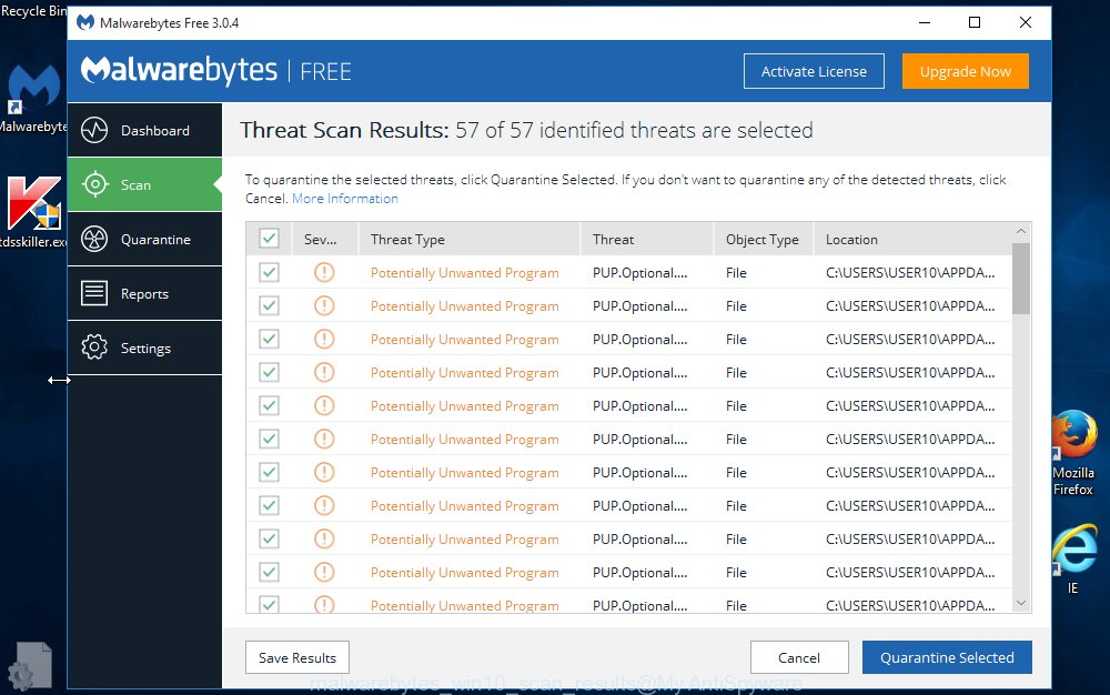 MalwareBytes Anti-Malware (MBAM) MS Windows10 scan results