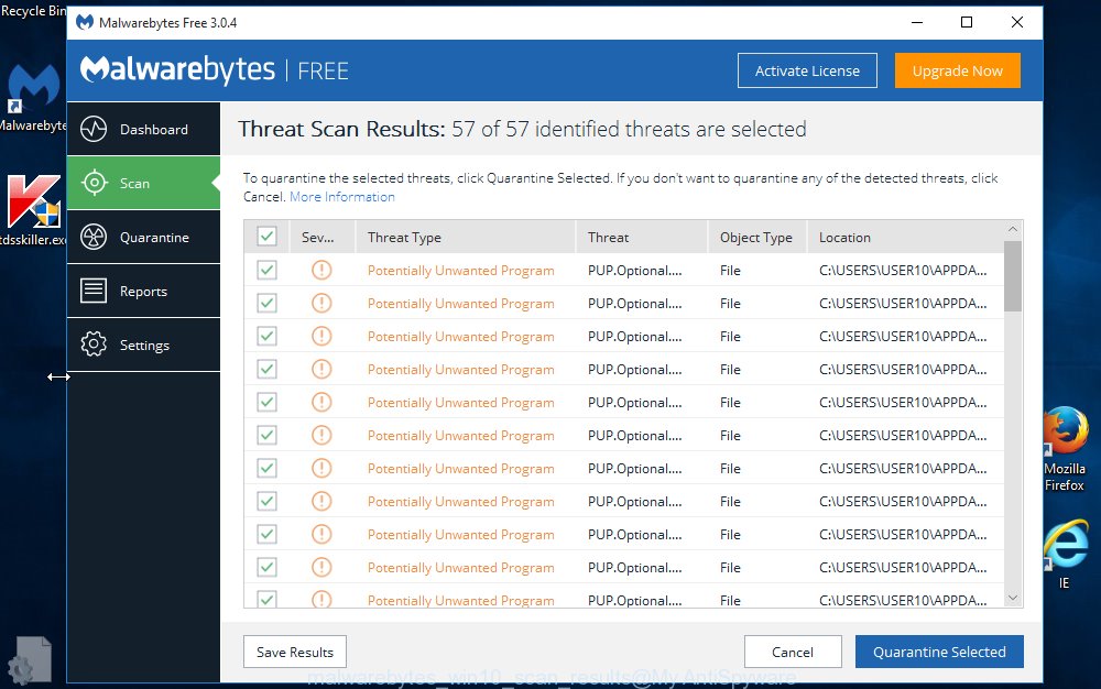 MalwareBytes MS Windows10 scan results