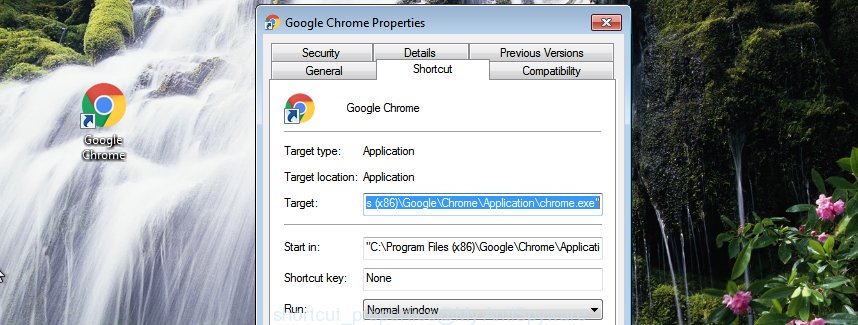 Chrome web browser shortcut file properties