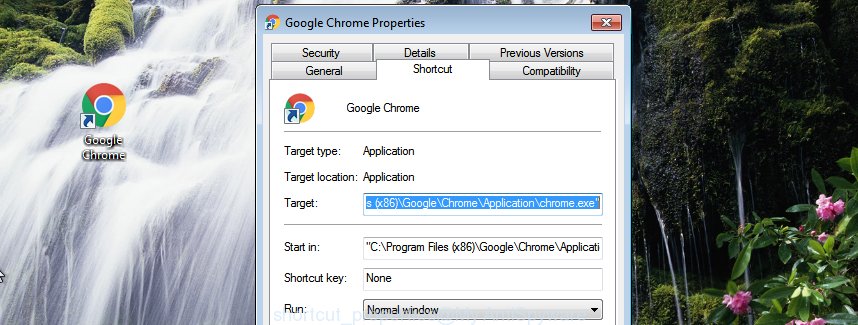 Google Chrome web browser shortcut file properties