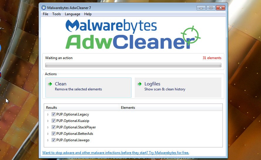 AdwCleaner for MS Windows search for adware is finished