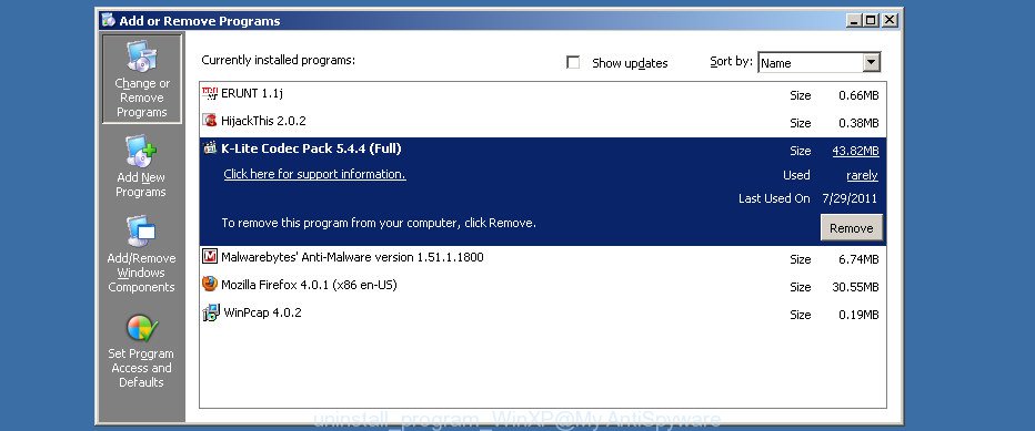 uninstall program MS Windows XP