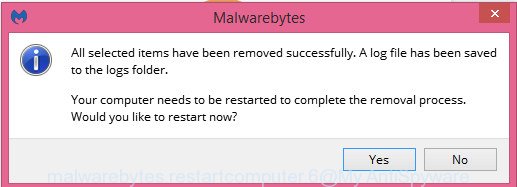 MalwareBytes Anti Malware (MBAM) for Windows reboot dialog box