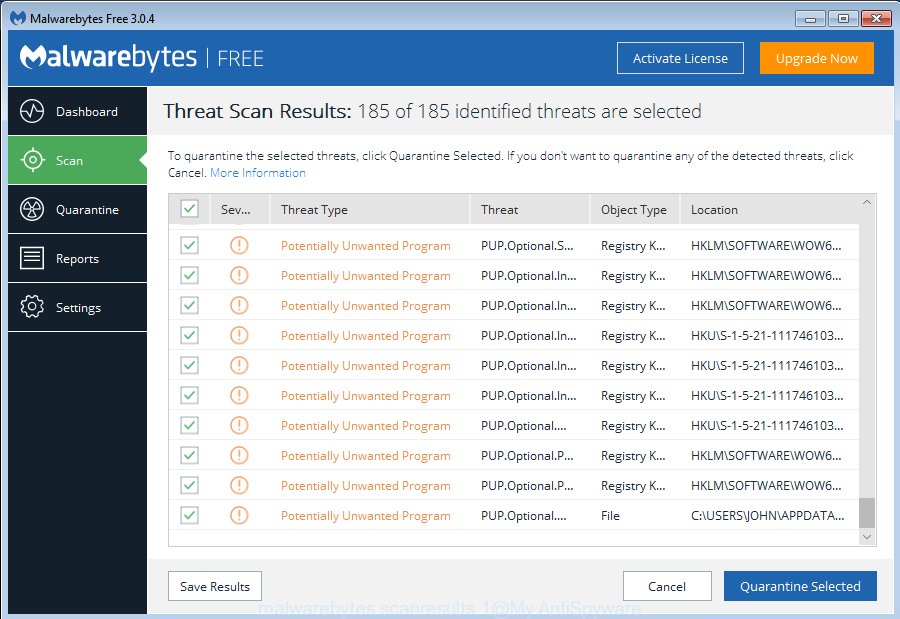 MalwareBytes for Windows, scan for browser hijacker is done