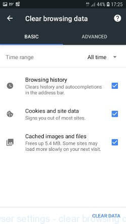 Android Chrome browser settings - clear browsing data