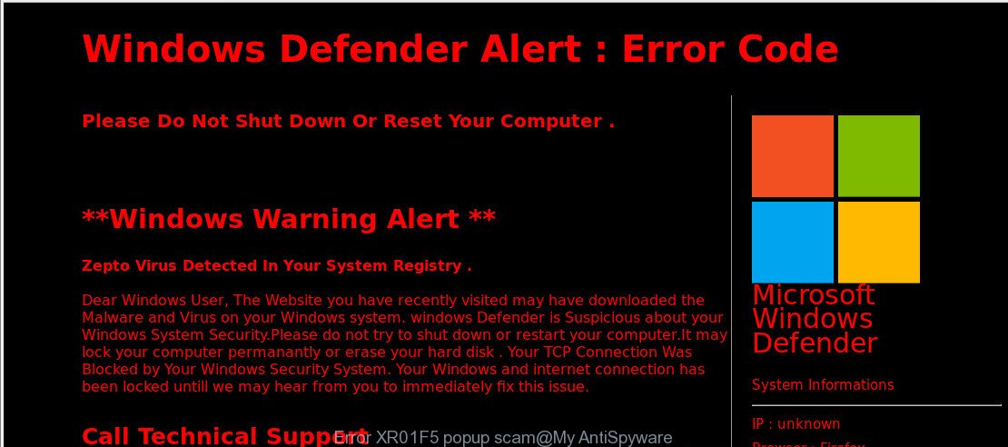 Error XR01F5 popup scam
