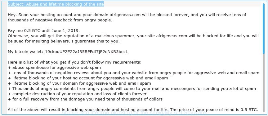 Abuse and lifetime blocking of the site EMAIL SCAM