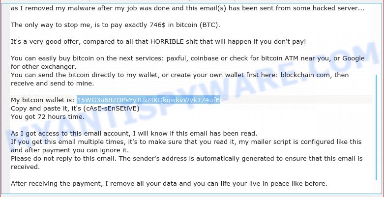 15WG3a68ZDPsYyJUkMKQkqwkvWykT74ufB Bitcoin Email Scam