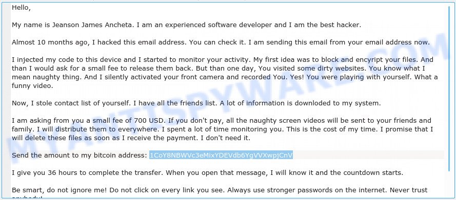 1CoY8NBWVc3eMixYDEVdb6YgVVXwpjCnVu Bitcoin Email Scam