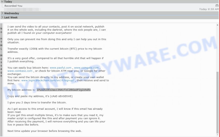 1PuxZLDEz2as13NKcTzC2BGadF2g2zhdfo Bitcoin Email Scam